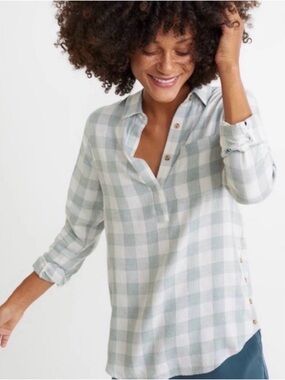 Marine Layer Kierra Light Sage Green Plaid Buffalo Check Henley Popover Shirt XL